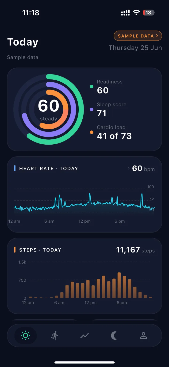Apex Trace Today screen: animated readiness, sleep and cardio-load ring gauges, heart-rate chart and step count on a dark navy dashboard